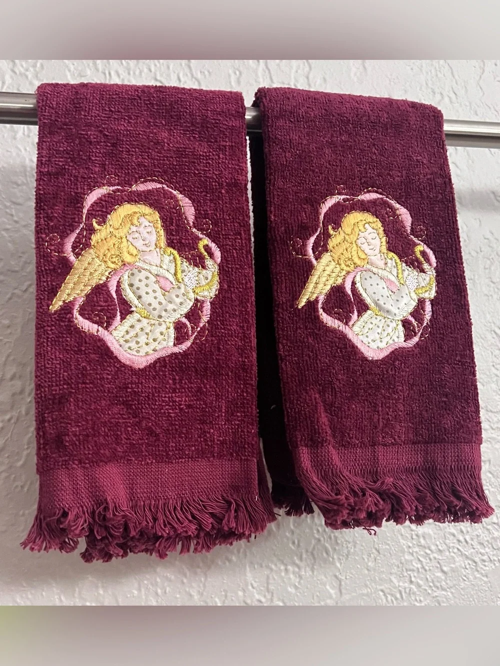Vintage Angel Embroidered Hand Towels Set Burgundy Cotton Fringe Pair